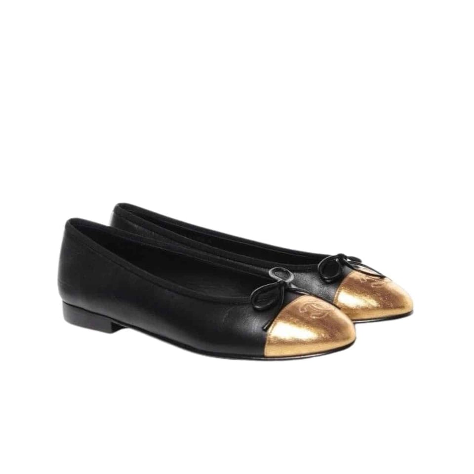 Chanel Leather Cap Toe Ballet Flats Black Gold view 2