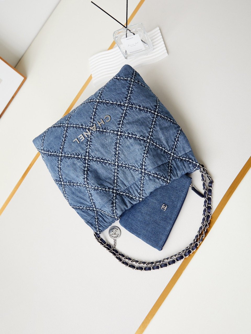 Chanel 22 Hobo Stitched Blue Denim Silver Hardware view 3
