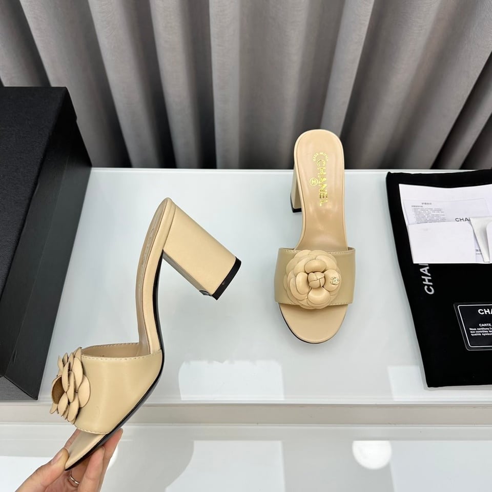 Chanel Camellia Medium Heel Slippers Beige view 5