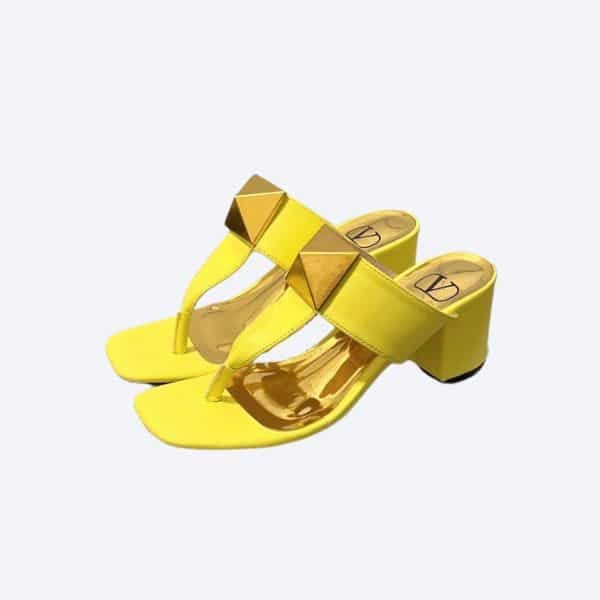 Valentino One Stud Metallic Nappa Flat Middle Heel Yellow Thong Sandal view 2