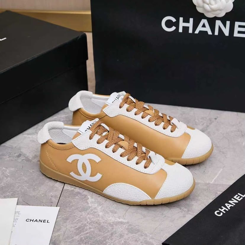 Chanel Calfskin Suede Sneakers with White CC Logo Beige Camel White &amp; Gum G39860 view 9