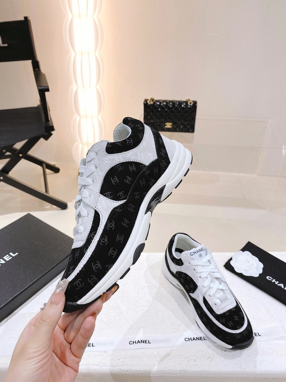 Chanel Printed Suede Calfskin Sneakers White And Black G39230 X56653 94305 view 8