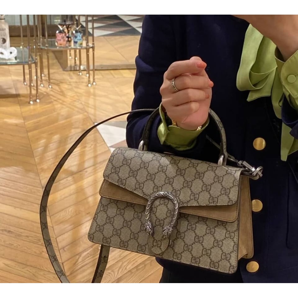 Gucci Small Dionysus Top Handle Bag Taupe Suede Trim view 5