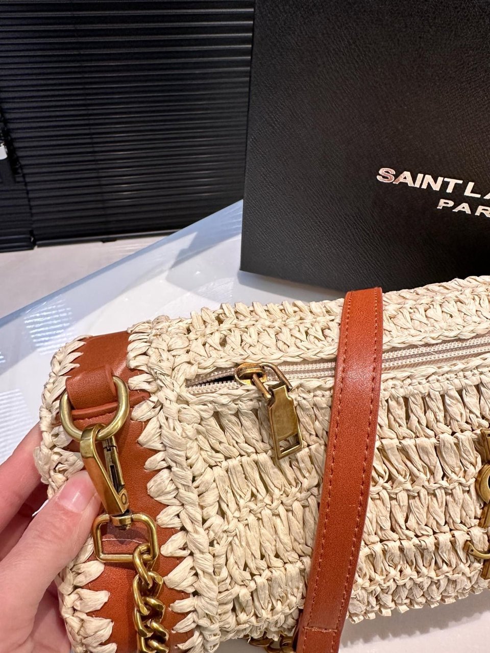 Saint Laurent Sade Raffia Tube Bag In Natural 33Cm view 5