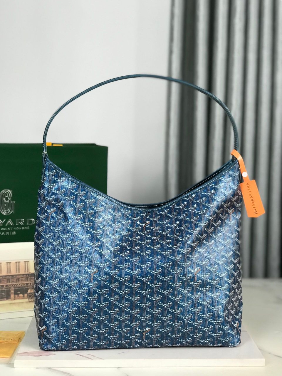 Goyard Bohème Hobo Bag 42Cm Deep Blue Canvas Chevroches Calfskin view 9