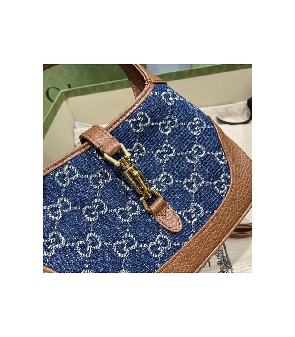 Gucci Jackie 1961 Mini Shoulder Bag in Blue Jacquard Denim 19cm view 11