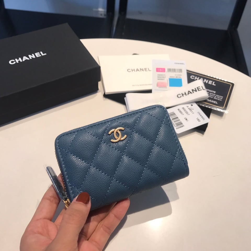 Chanel Zipped Caviar Purse 11 Aegean Calfskin Gold Icon