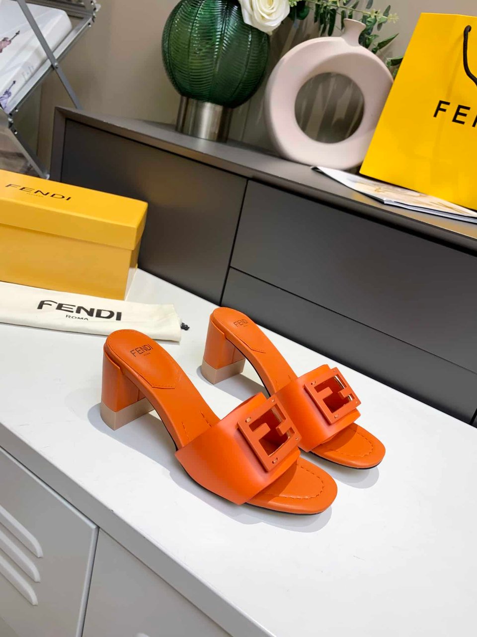 Fendi Signature Leather High Heel Orange view 4