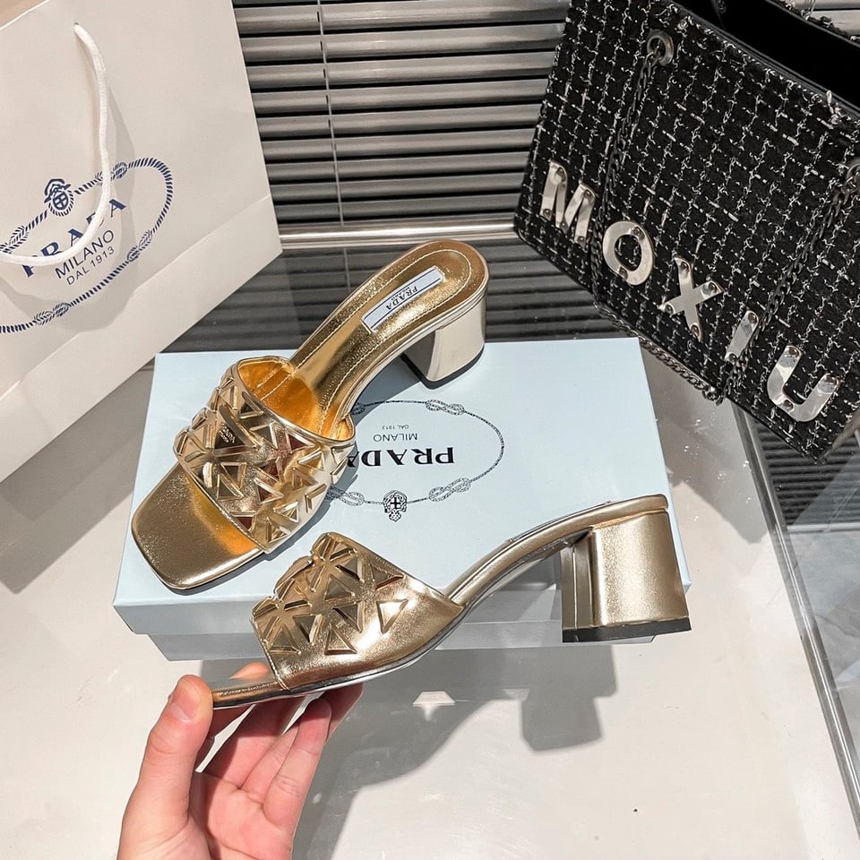 Prada Ciabatte Spazzolato Borchie Sandals Gold view 9