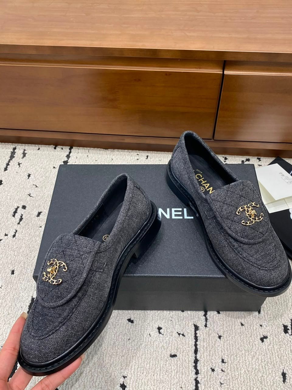 Chanel Quilted Fabric Loafers with CC Chain Logo Dark Grey G39834 view 8