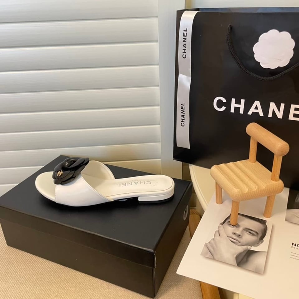 Chanel Black Camellia Slides White view 3
