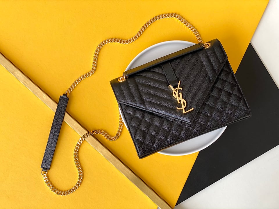 Saint Laurent Envelope Medium Chain Bag In Supple Matelasse Leather Black Gold 24Cm view 11