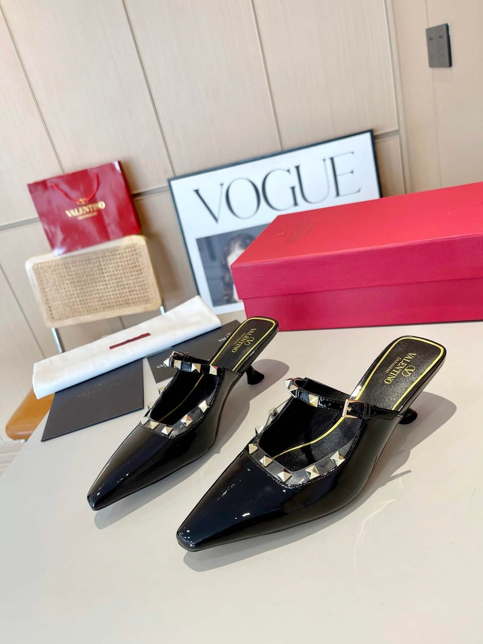 Valentino Garavani Rockstud Asymmetric Patent Leather Mules Black view 9