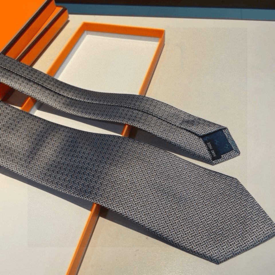 Hermes Light Gray Interlocking Pattern Canvas Tie For Men view 6