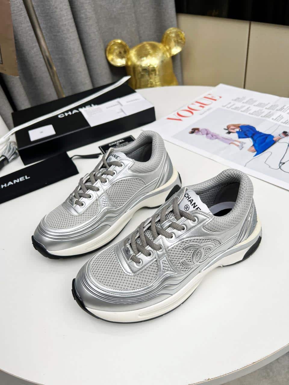 Chanel 23C Silver Metallic Cc Logo Lace Up Flat Runner Trainer Sneaker Gray view 10