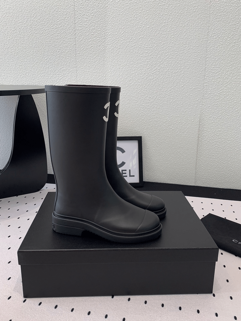 Chanel CC Logo Rain Boots Black Rubber Heel 47cm view 3