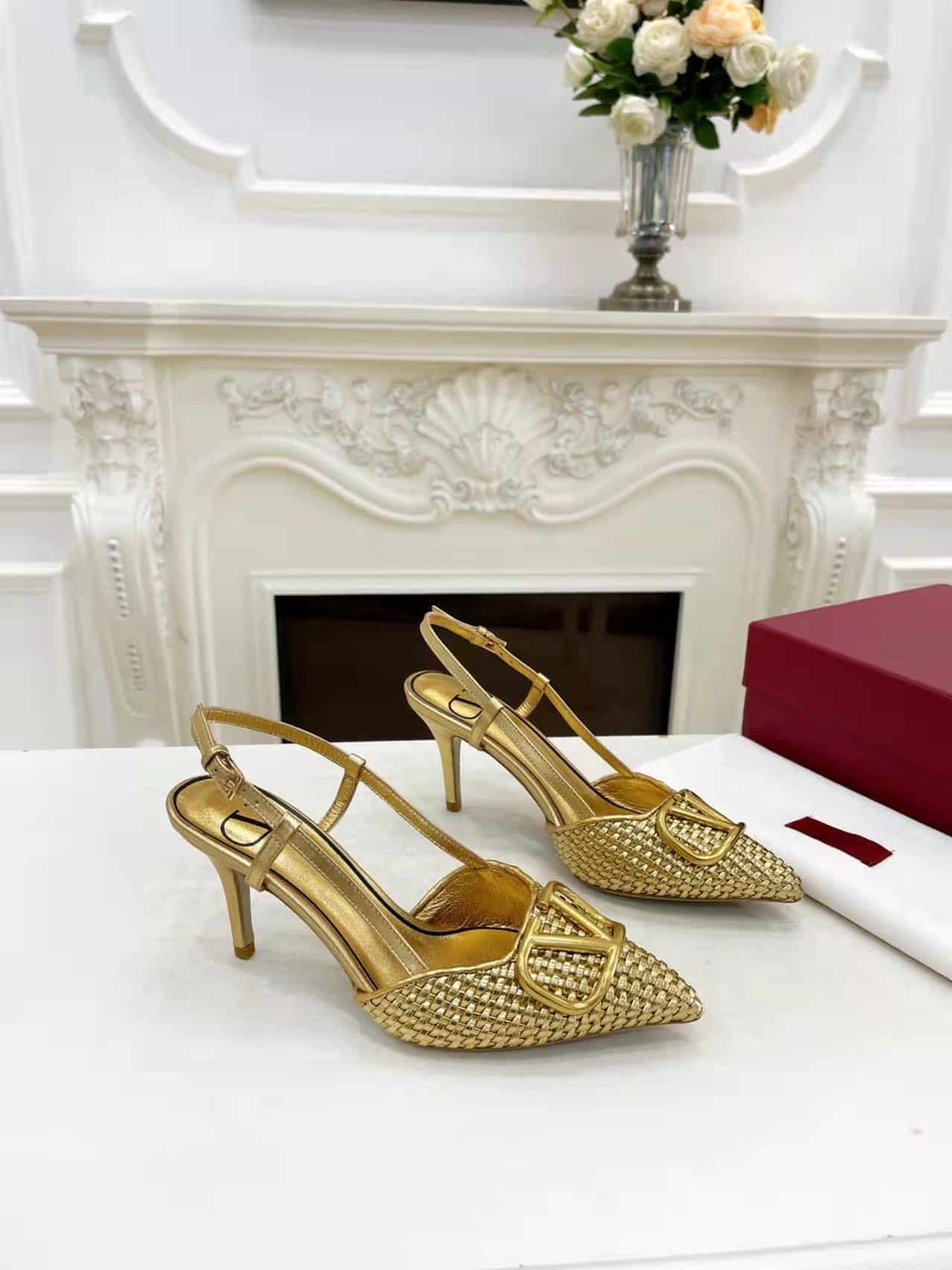 Valentino Garavani Vlogo Woven Leather Slingback Pumps Gold view 6