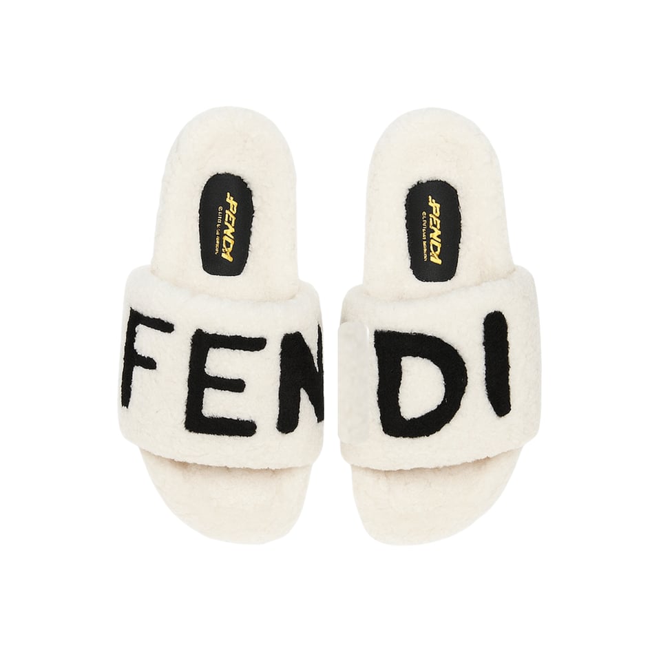 Fendi Fleece Black Text Slippers White