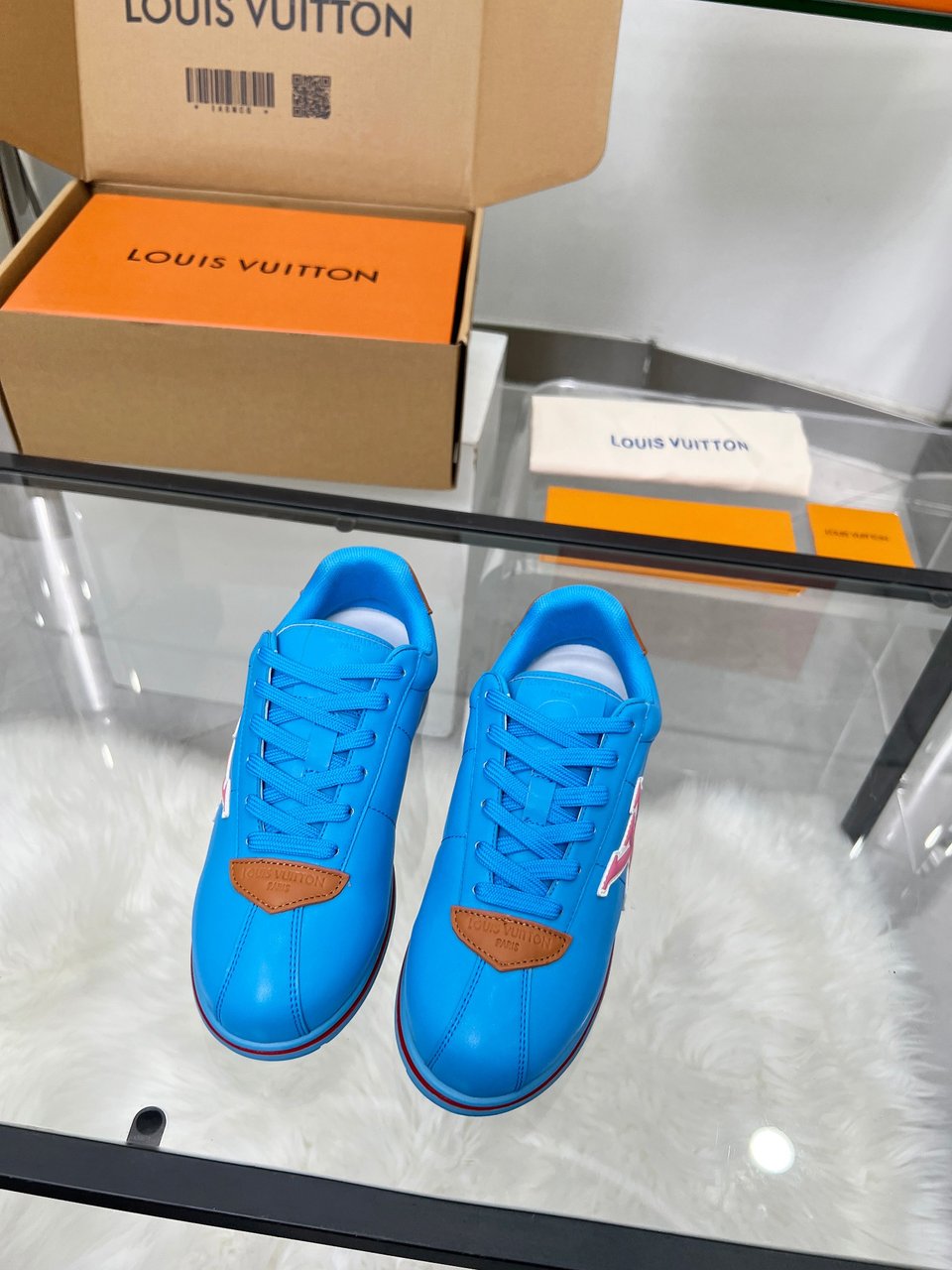 Louis Vuitton LV Trainer Sneaker Blue &amp; Pink – Red Stripe Sole – Women’s Shoes view 3
