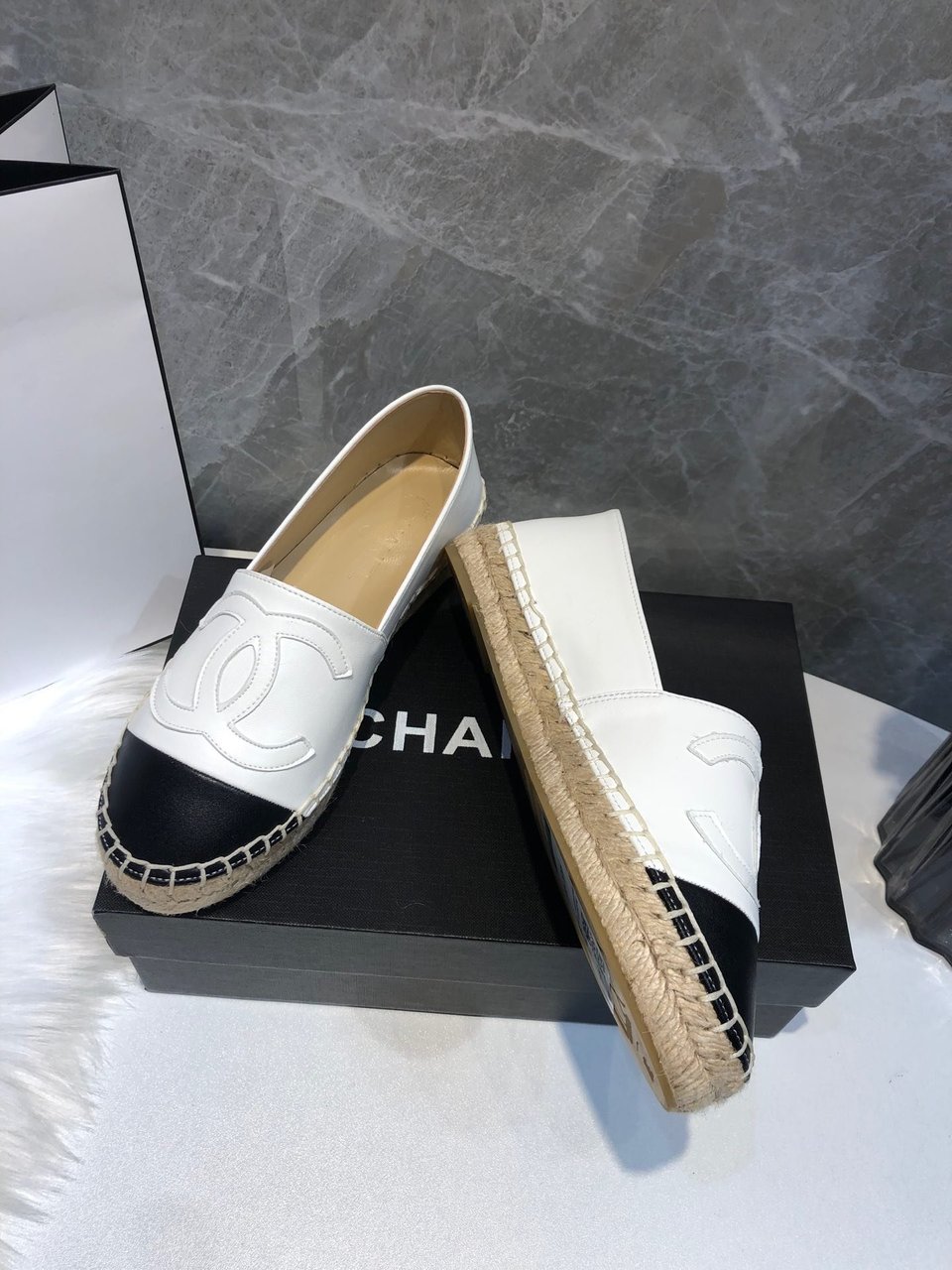 Chanel Embroidered Espadrille Leather Black Cap Toe Flats White Cc view 10