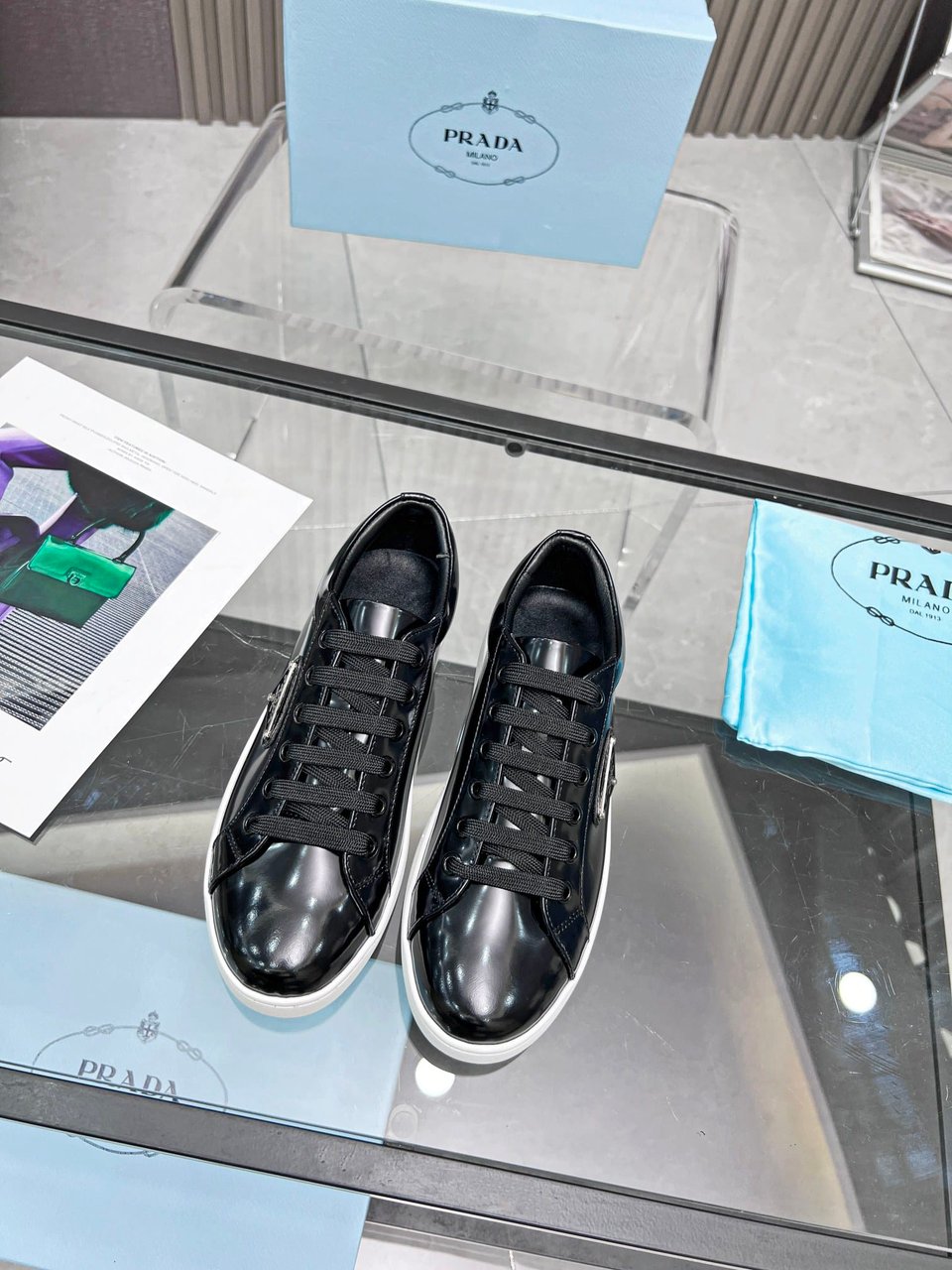 Prada Logo Sneakers In Brushed Leather Black view 6