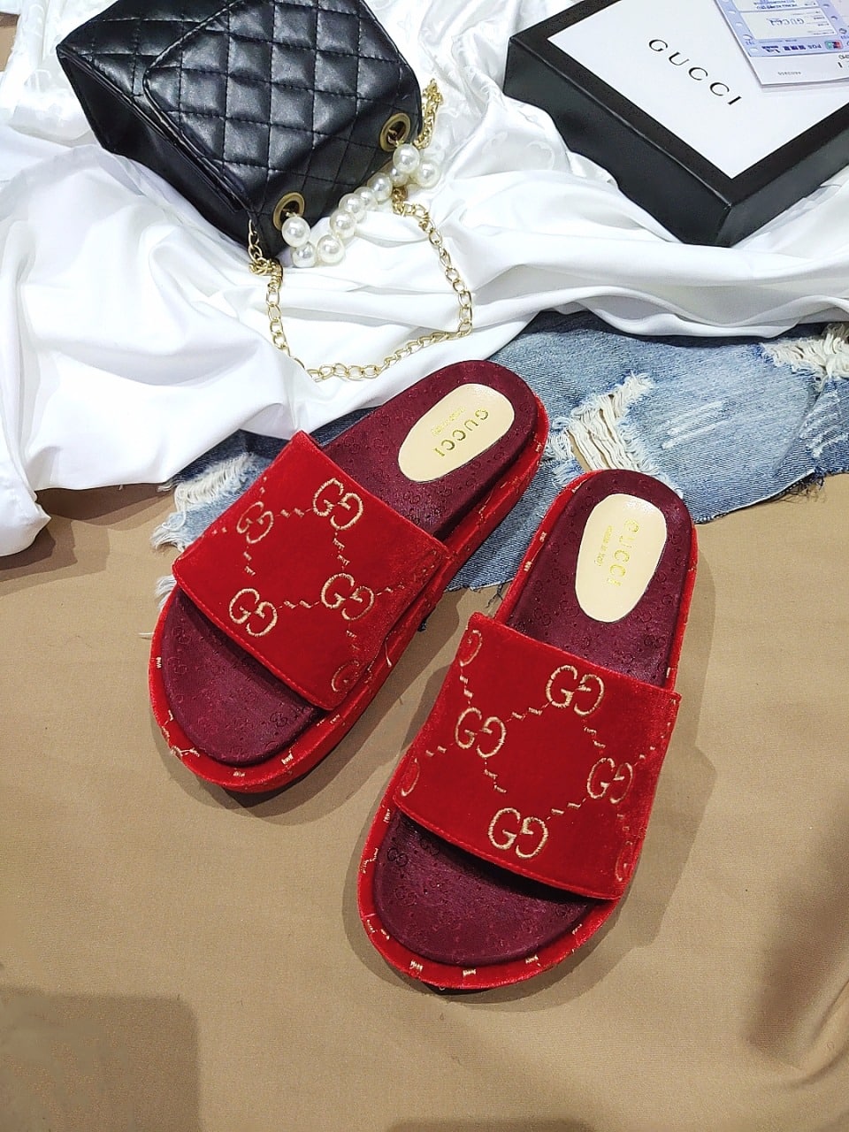 Gucci Women?S With Gg Pattern Slide Sandal Red view 5