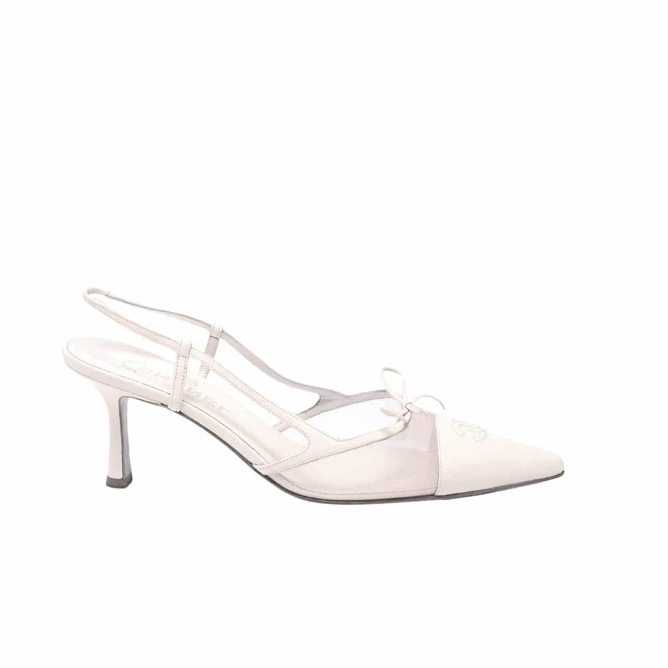 Chanel Cc Leather Pointy Toe Pumps Slingbacks Sandals White view 2