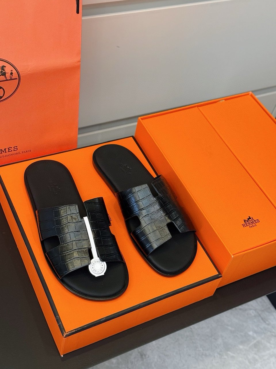 Hermès Black Crocodile Oran Sandals- Shoes for Men view 3
