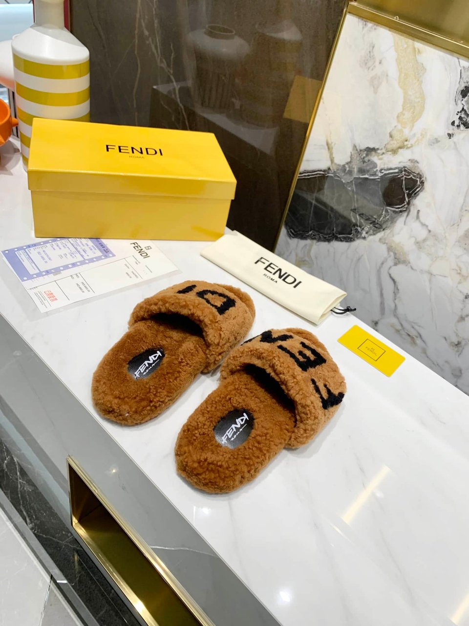 Fendi Shearling Slides Brown view 5