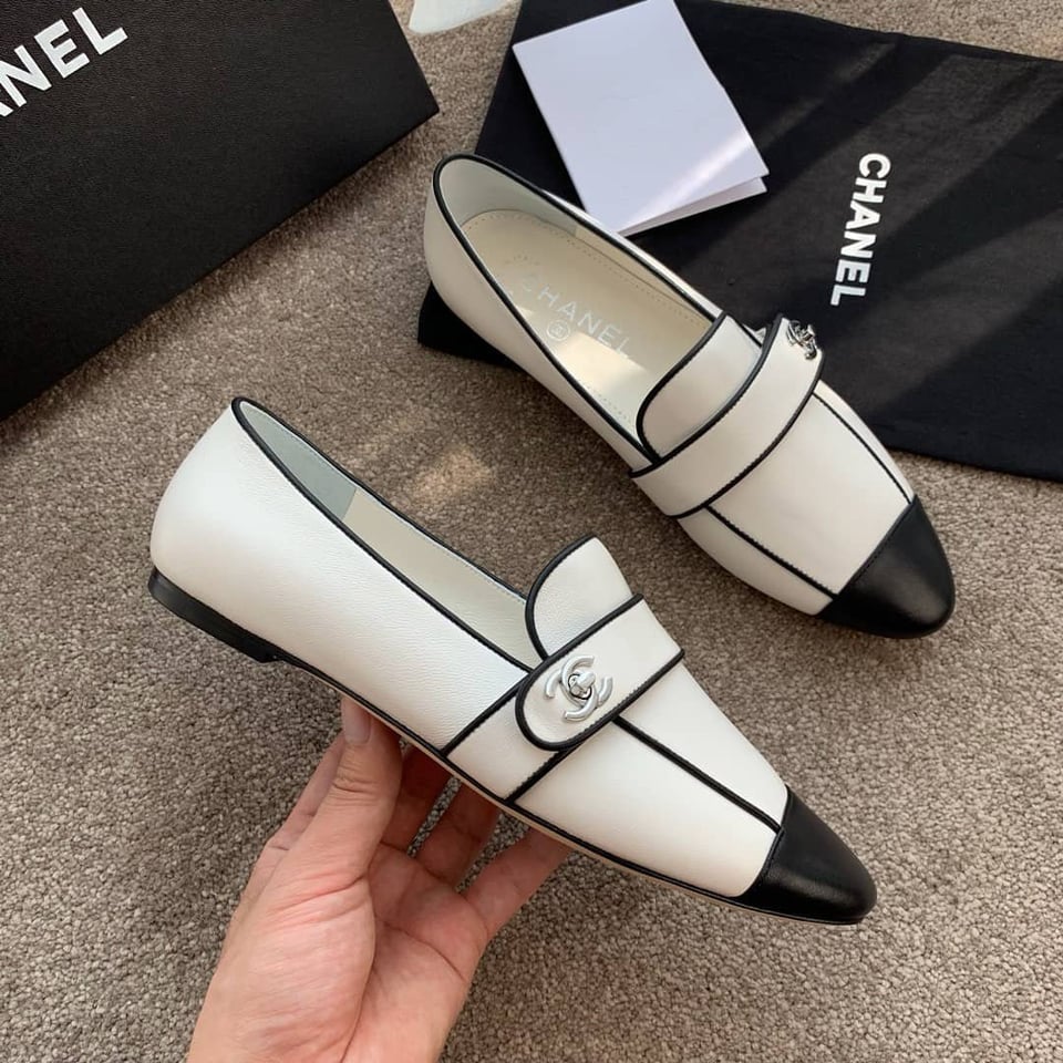 Chanel Leather Cc Cap Toe Slip On Loafers White view 9