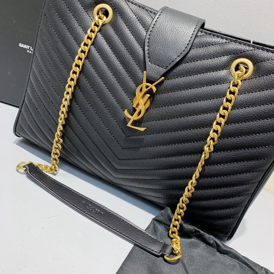 Saint Laurent Black Grain De Poudre Matelasse Chevron Monogram Shopping Bag Gold Hardware view 7