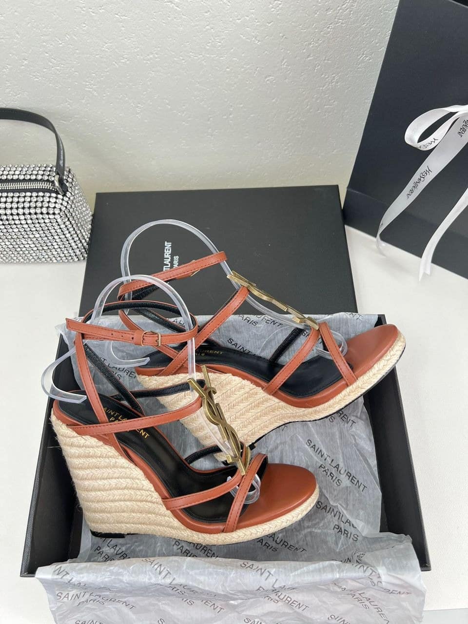 Saint Laurent Cassandra 115 Leather And Raffia Wedge Brown Sandals view 5
