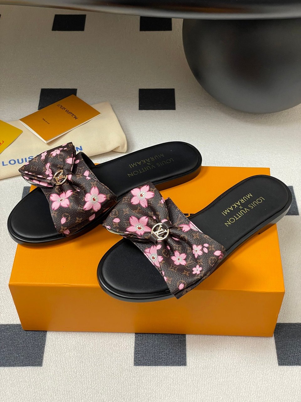 Louis Vuitton x Takashi Murakami Lily Flat Mule Bow Slide Sandals Black 1AGVYA view 3