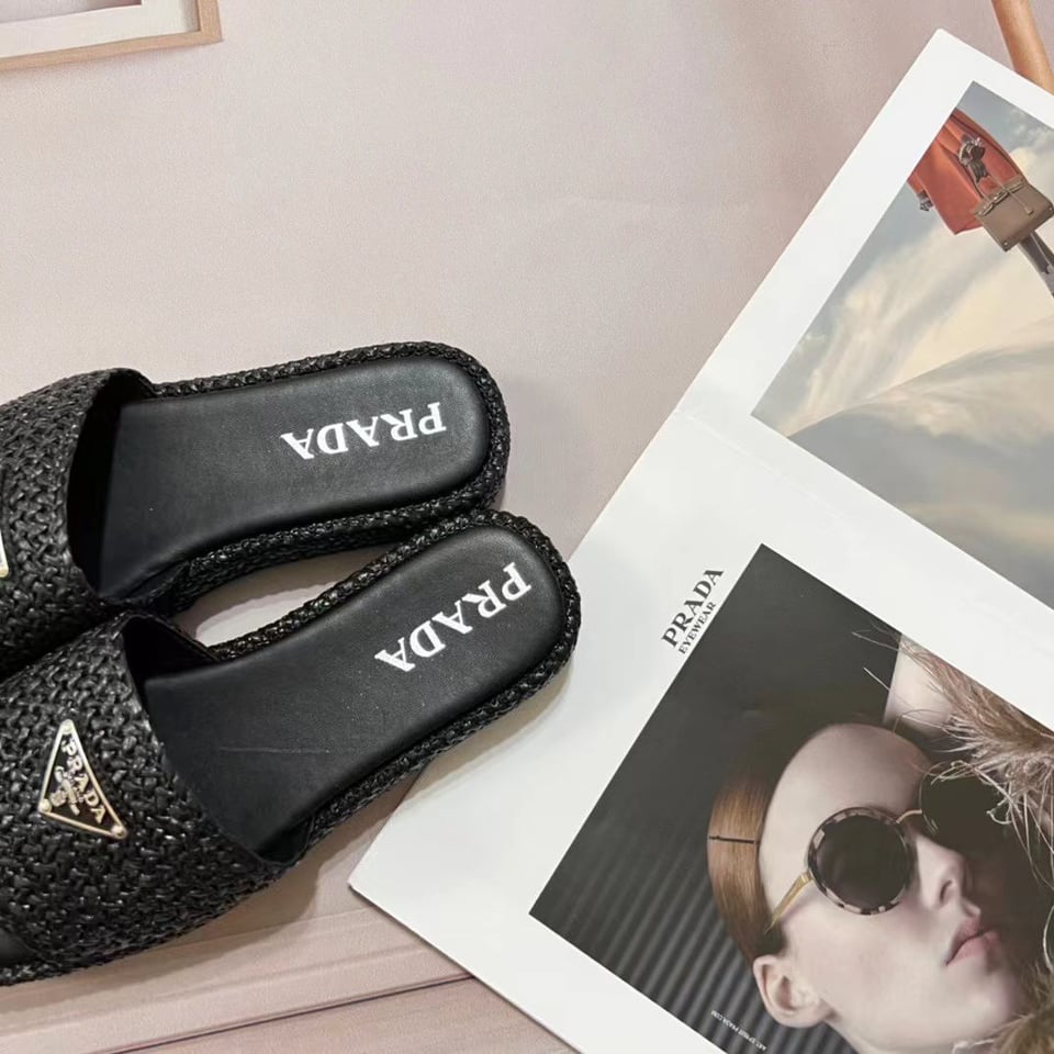 Prada Natural Crochet Platform Slides Black view 8
