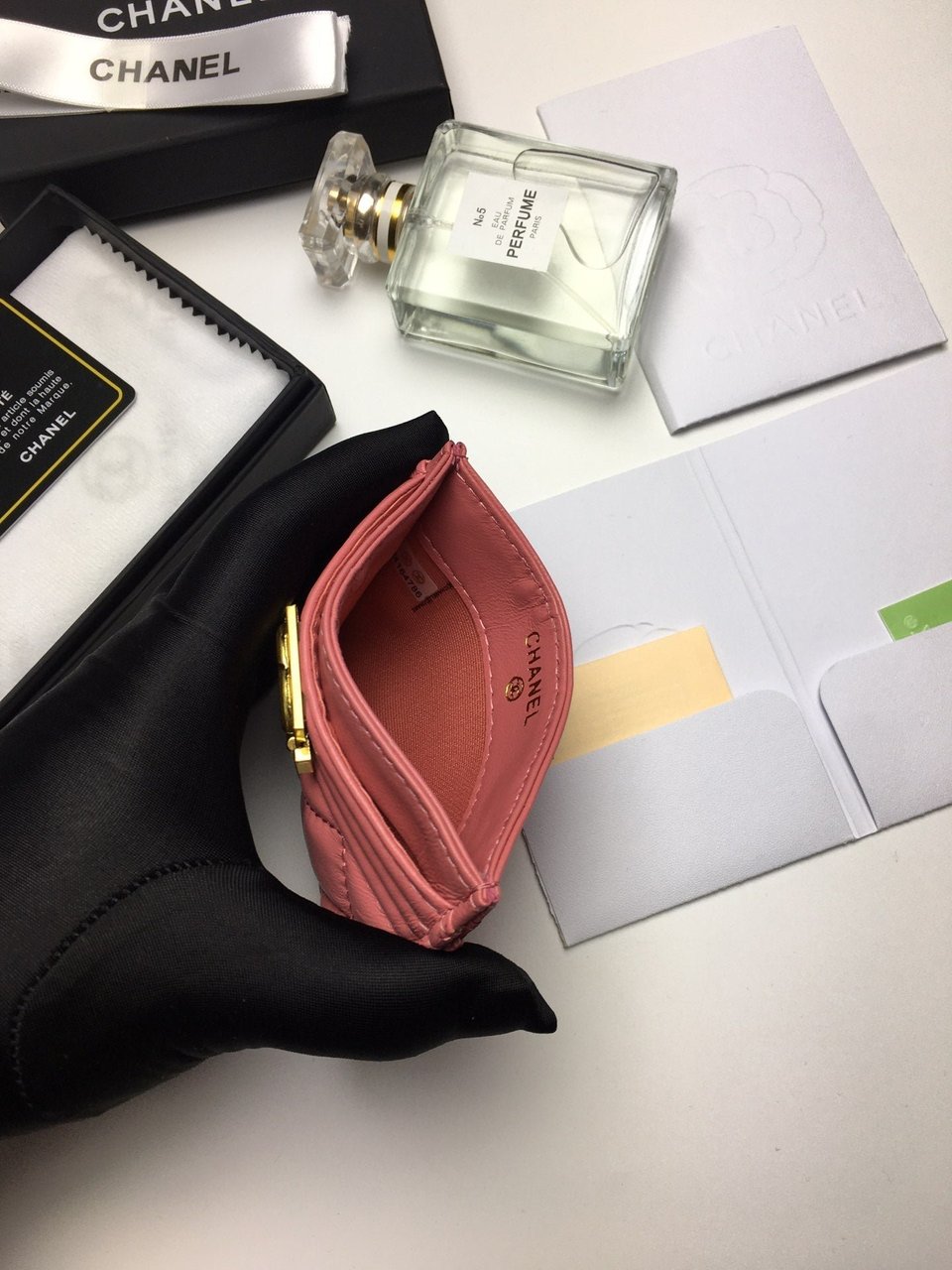 Chanel Boy Card Holder 11.2 Coral Calfskin Gold Icon view 6