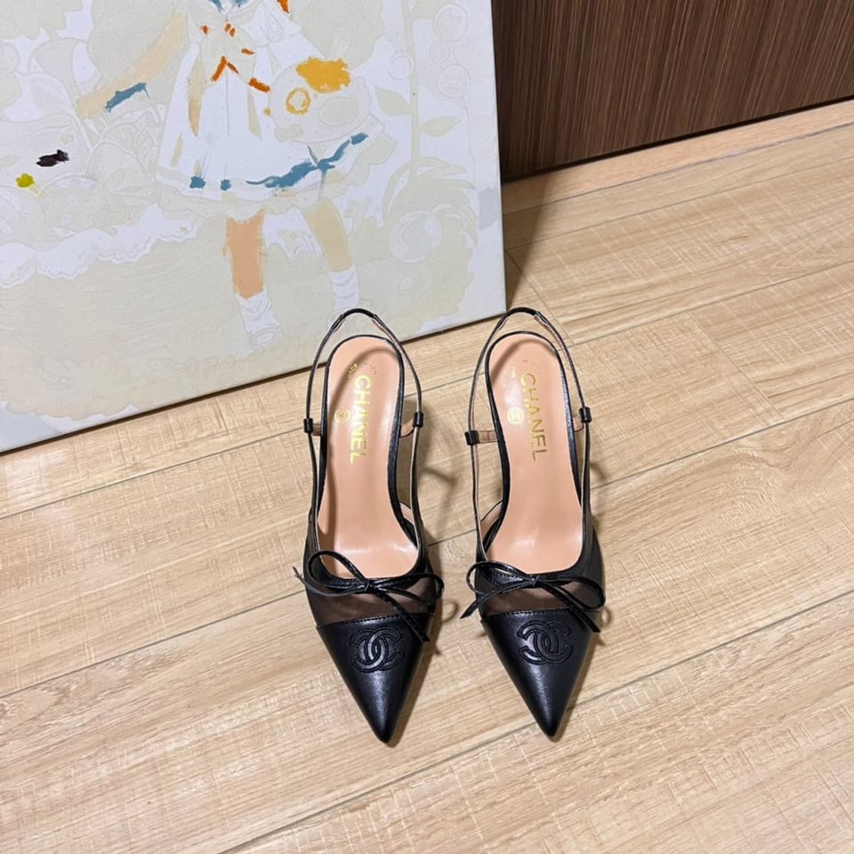 Chanel Cc Leather Pointy Toe Pumps Slingbacks Sandals Black view 6