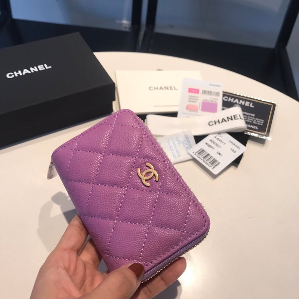 Chanel Zipped Caviar Purse 11 Purple Calfskin Gold Icon view 3