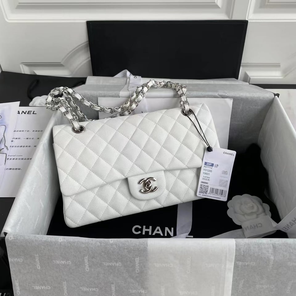Chanel Classic Double Flap Bag White Silver Hardware 25Cm/10in view 3