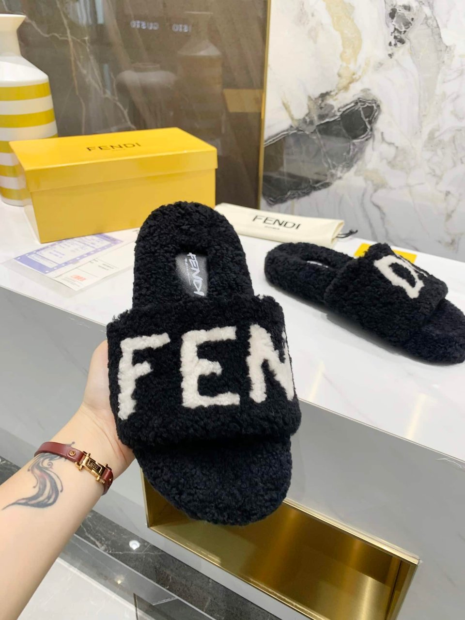 Fendi Shearling Slides Black view 6