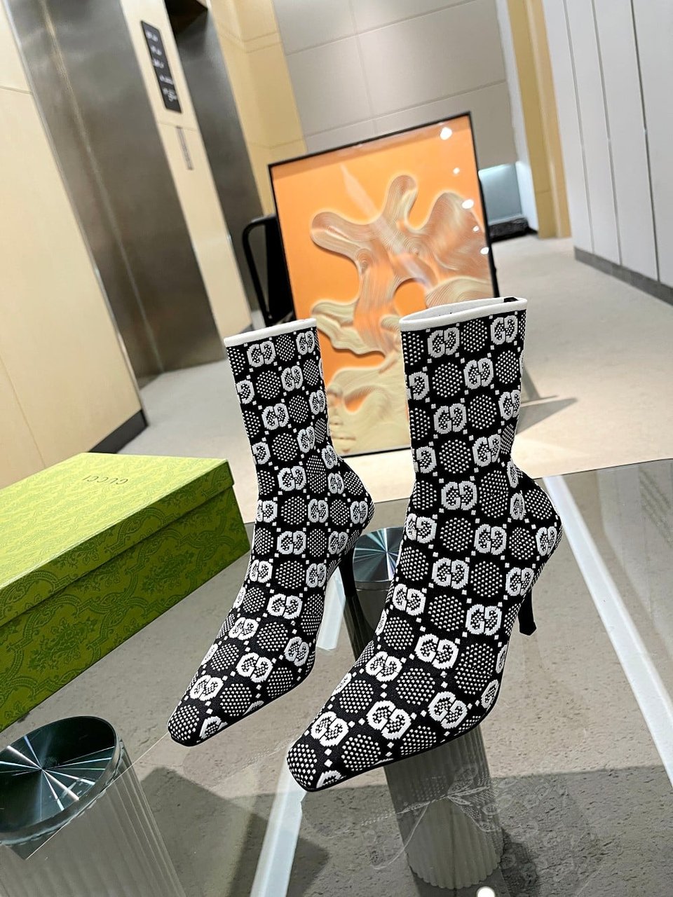 Gucci Gg 75Mm Knit Ankle Boots Black White Fabric 718378 Faaqp 1008 view 6