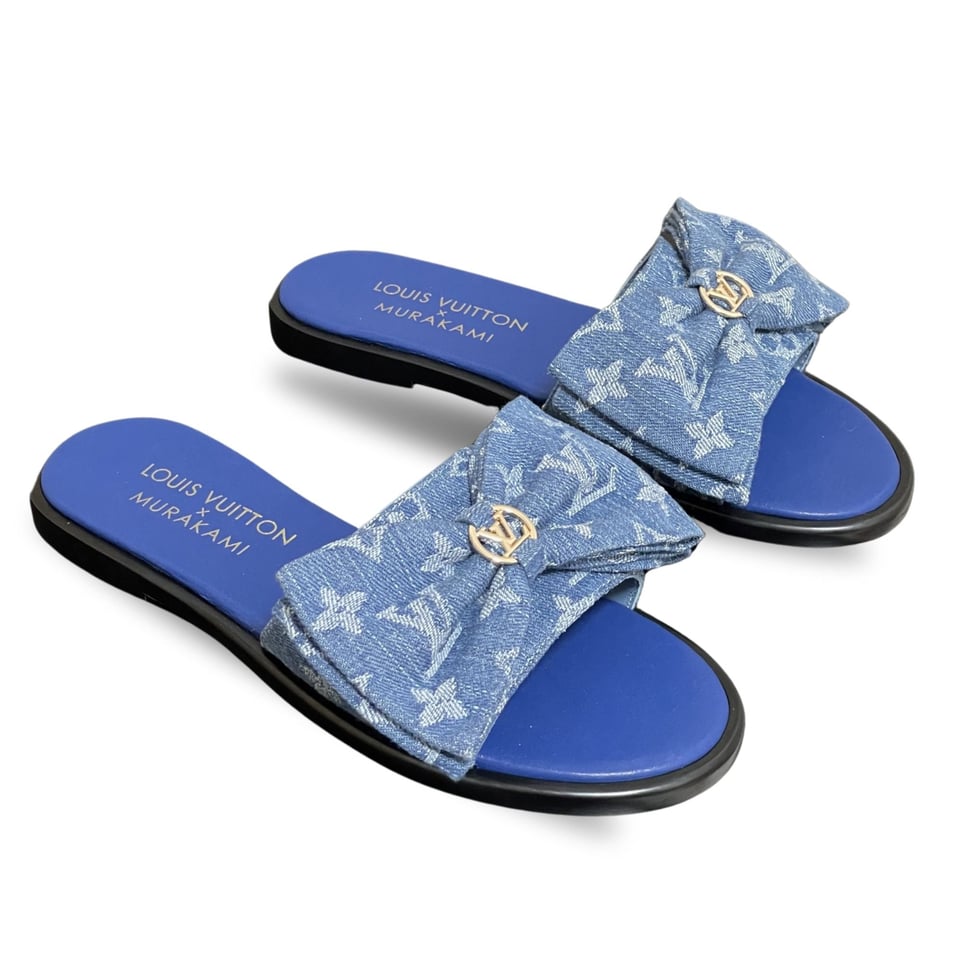 Louis Vuitton x Takashi Murakami Lily Flat Mule Bow Slide Sandals Blue Canvas 1AGVYA view 2
