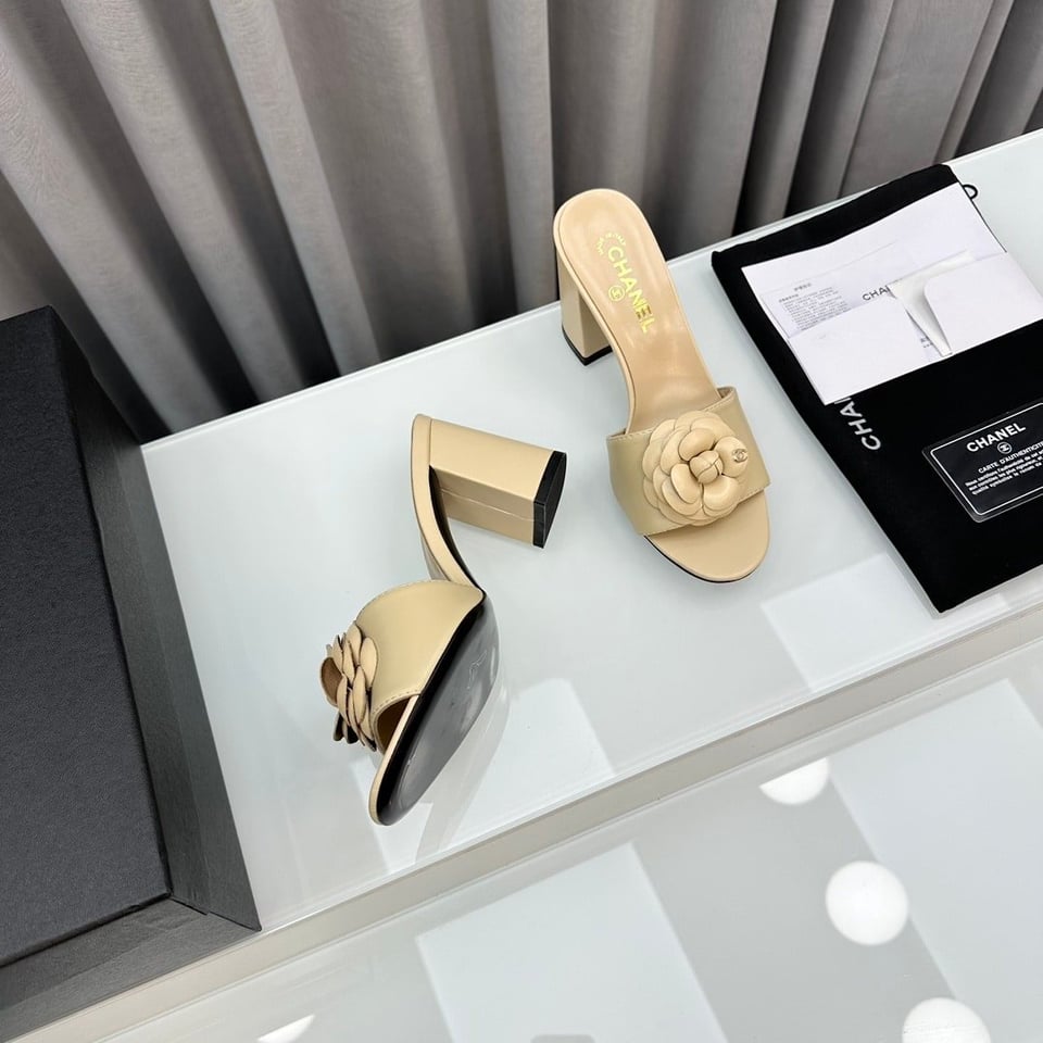 Chanel Camellia Medium Heel Slippers Beige view 8