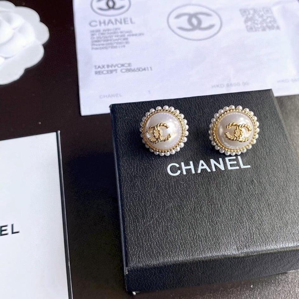 Chanel Button Pearl Earrings view 3
