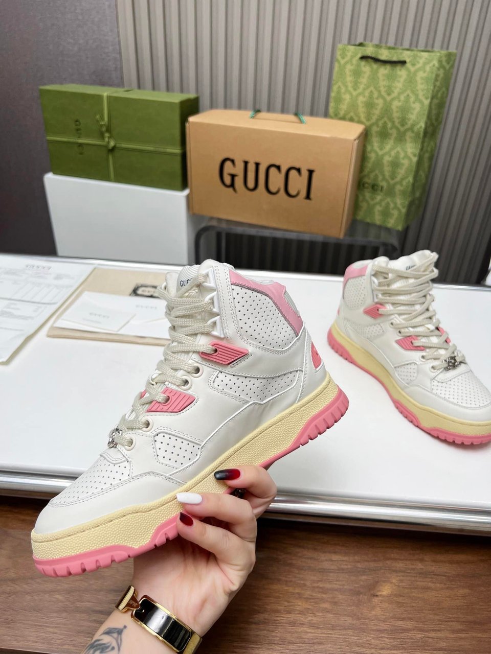 Gucci Women’S High Top Distressed Effect Sneaker Pink view 6
