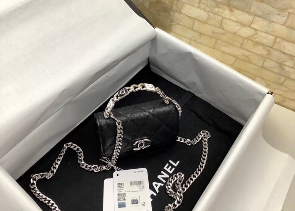 Chanel Mini Woc 13Cm With Top Handle Black Quilted Caviar Leather Silver Hardware view 4