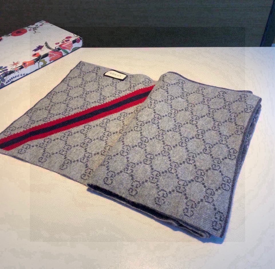 Gucci Cashmere Scarf GG Monogram Stripe Grey For Women 180cm view 5