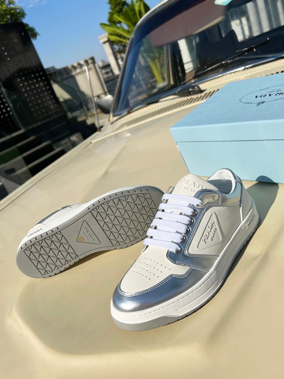 Prada District Perforated Leather Sneakers Sliver view 7