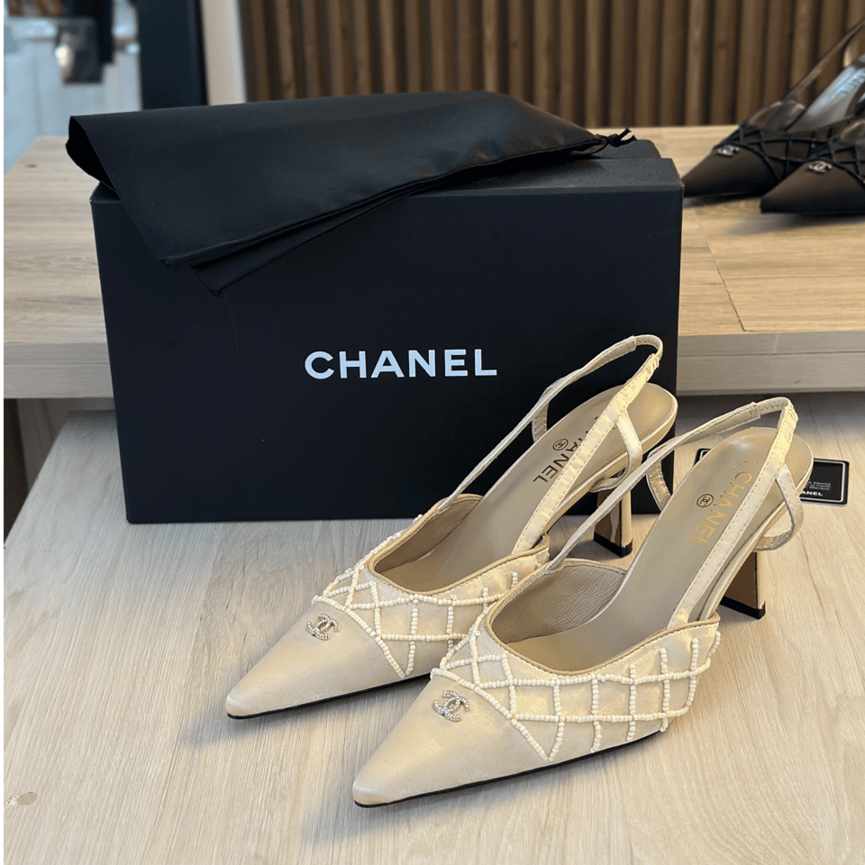 Chanel Pearl Lattice Slingback Heels view 4