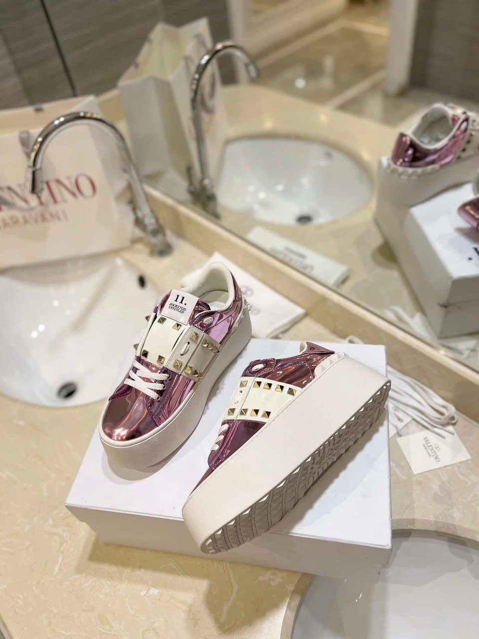 Valentino Garavani Flatform Rockstud Untitled Sneaker Metallic Pink view 10
