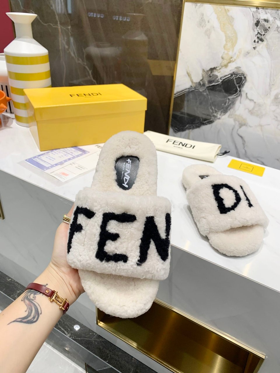 Fendi Shearling Slides White view 5